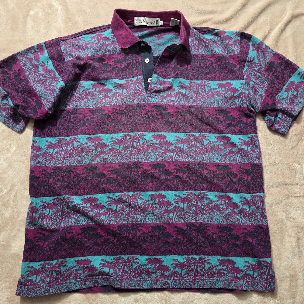 Pro Celebrity Vintage Hawaiian Palm Trees Polo Teal/ Maroon Size XLarge